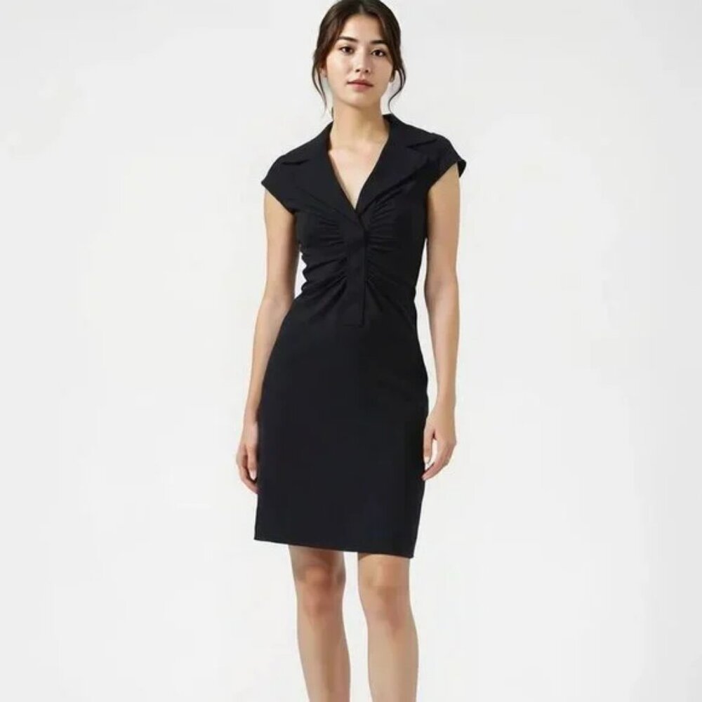 Cache Black V-Neck Structured Minimalist Pleated Bodycon Knit Sheath Dress XS 2